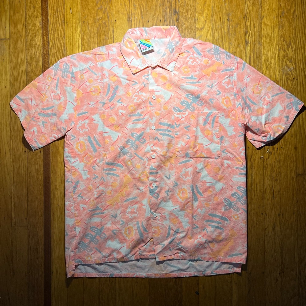 Men's Surf Gear 90s Vintage Casual Button-Up Shirt - Neon Pink Orange and Gray